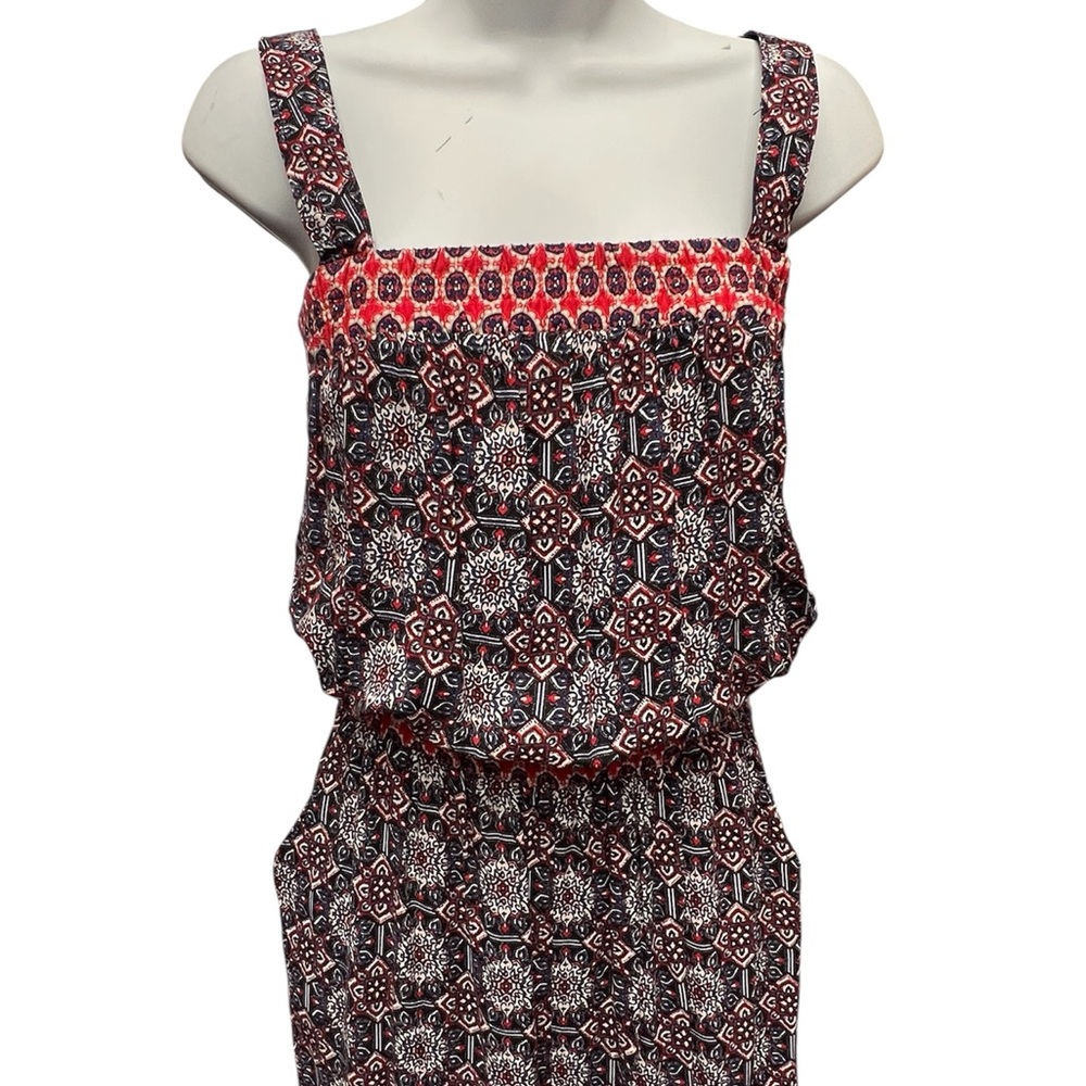 Patterned Sleeveless Jumpsuit with Red Accents